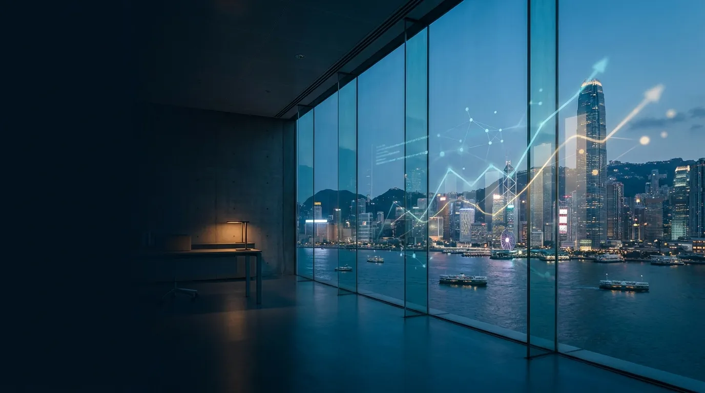 香港維多利亞港藍調夜景,由辦公室落地玻璃外望中環天際線